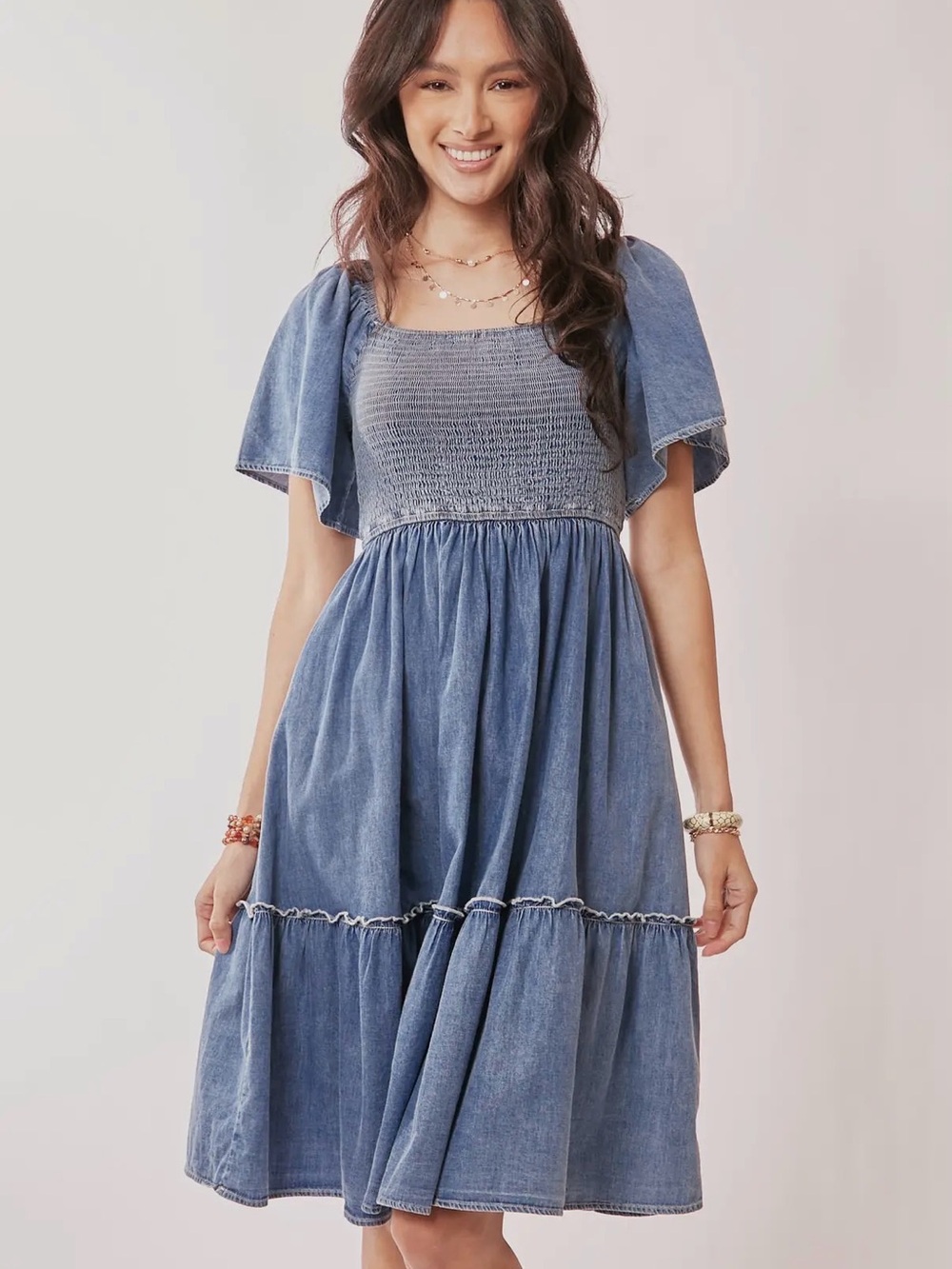 DAVI & DANI Washed Blue Smocked Midi Dress